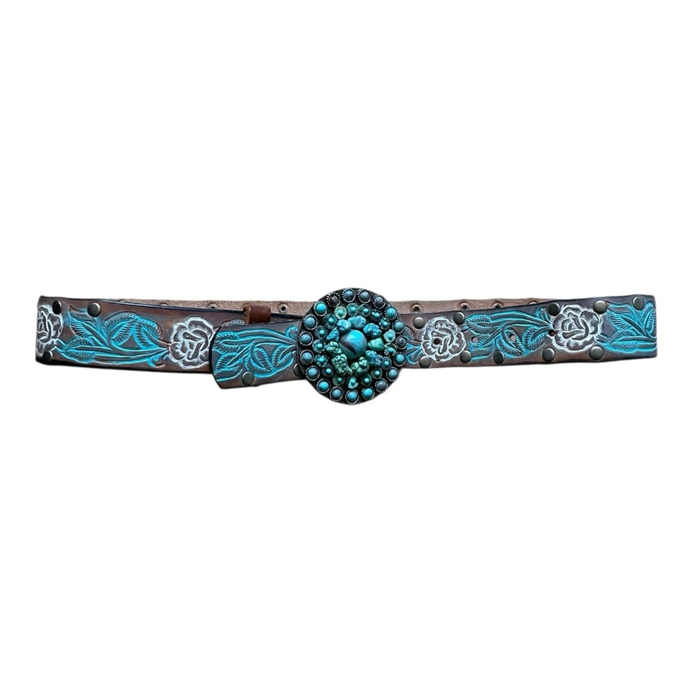 Y2K Southwestern boho leather turquoise belt with turquoise stone buckle